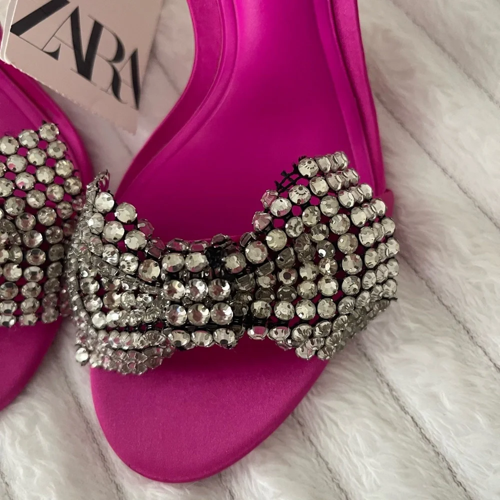 Zara Fuchsia Embellished Bow High Heel Slingbacks - Picture 5 of 13